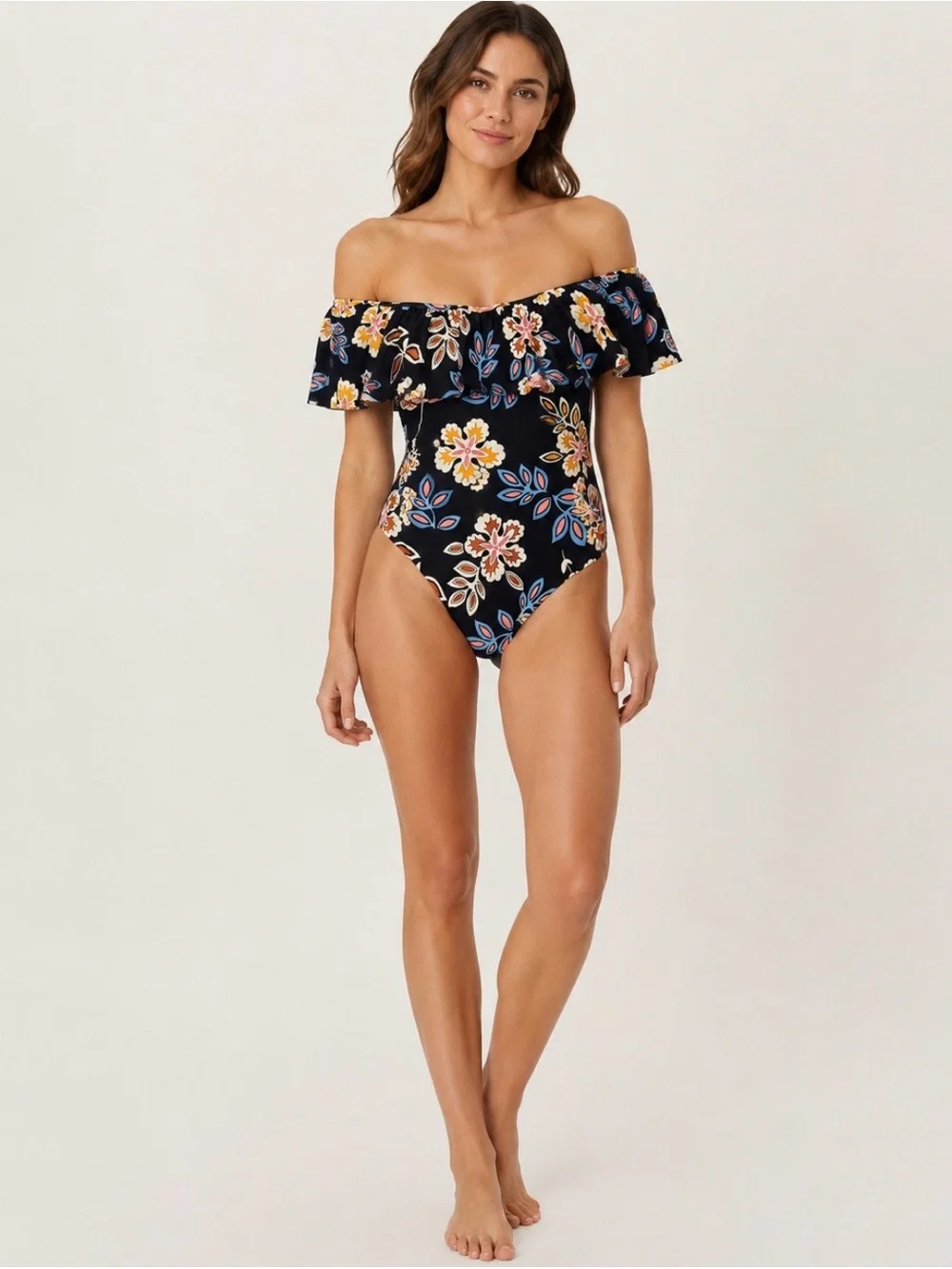 Tory Burch Floral Ruffle One Piece Swimsuit Size M Black Multicolоr